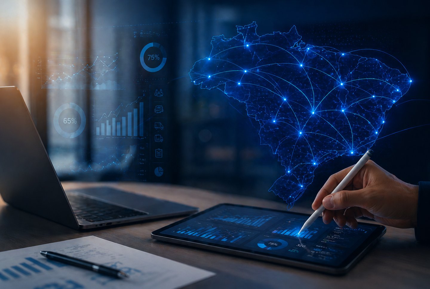 Digital dashboard with business analytics and a blue glowing Brazil map used for data visualization.