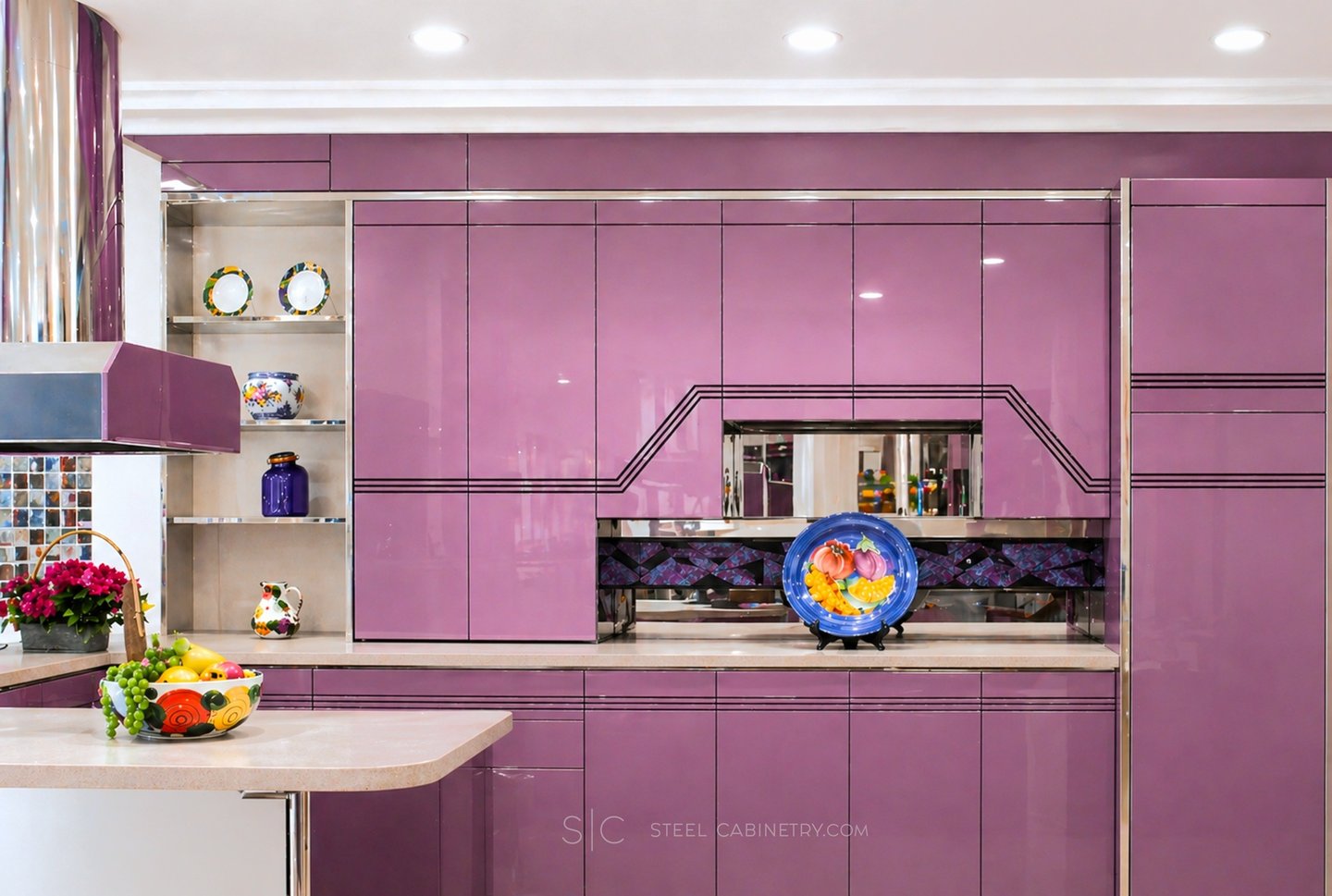 all interior stainless steel and pink acrylic doors
