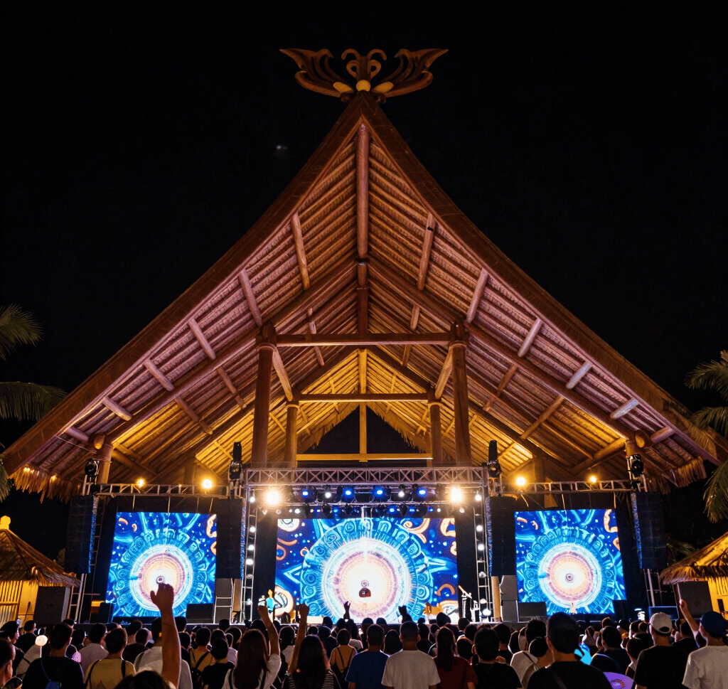 a crowd of people watching a stage with a large crowd watching