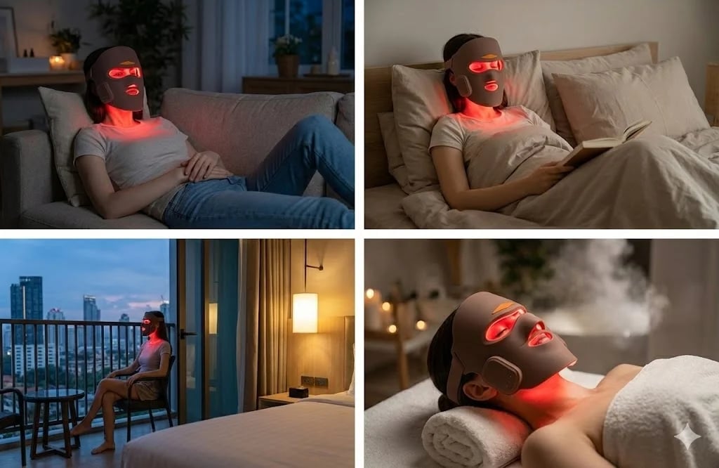 Woman using a red light therapy facial mask for skincare and anti-aging at home.