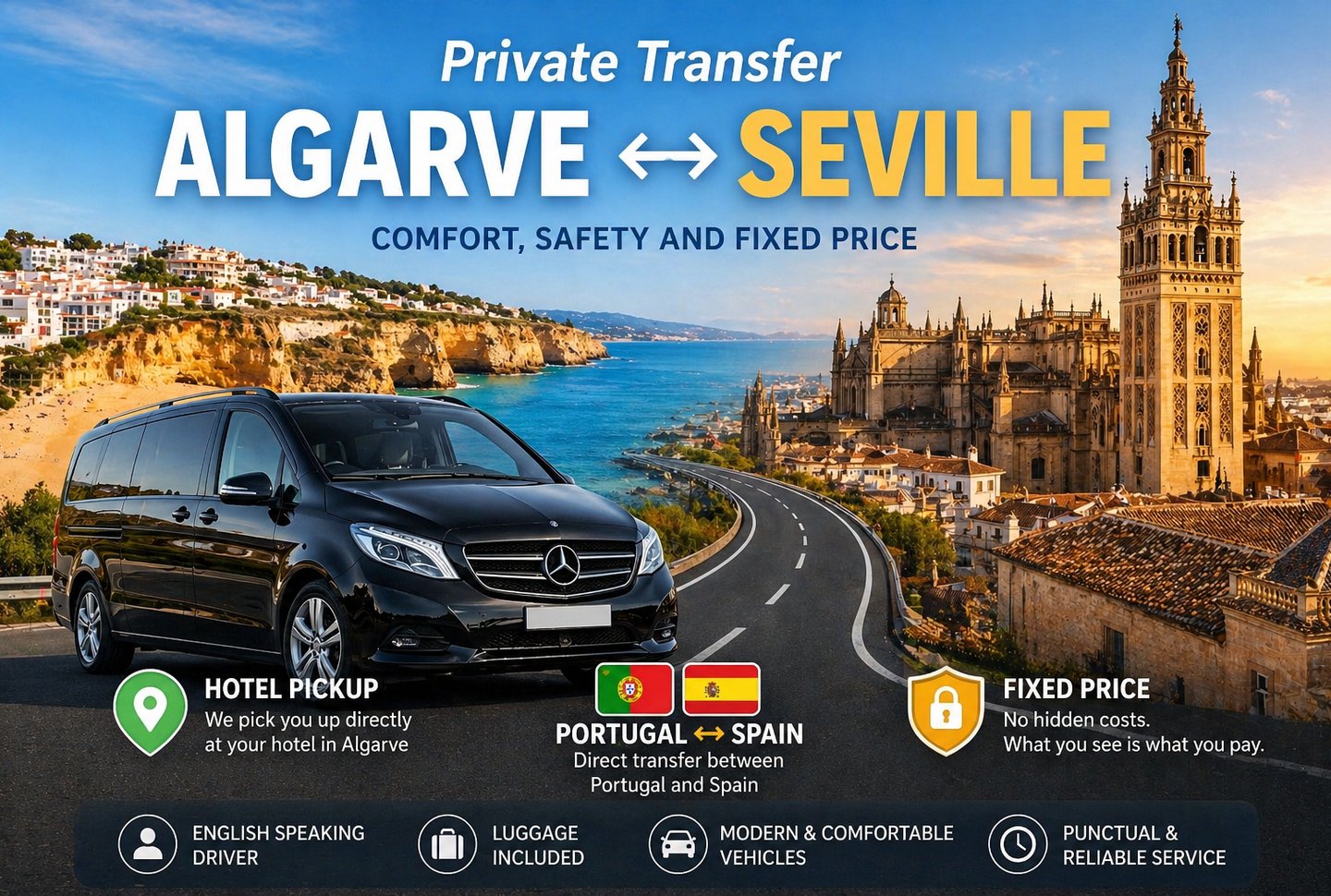 Private transfer from Algarve to Seville in a luxury black Mercedes van with scenic coastal and city views.