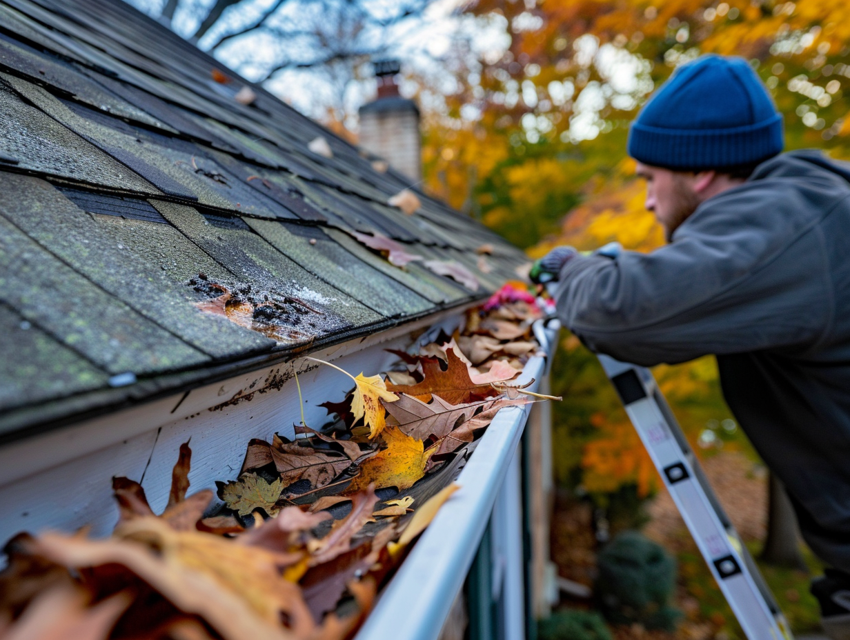 Homeowner cleaning leaves from roof gutters to prevent water damage and drainage problems