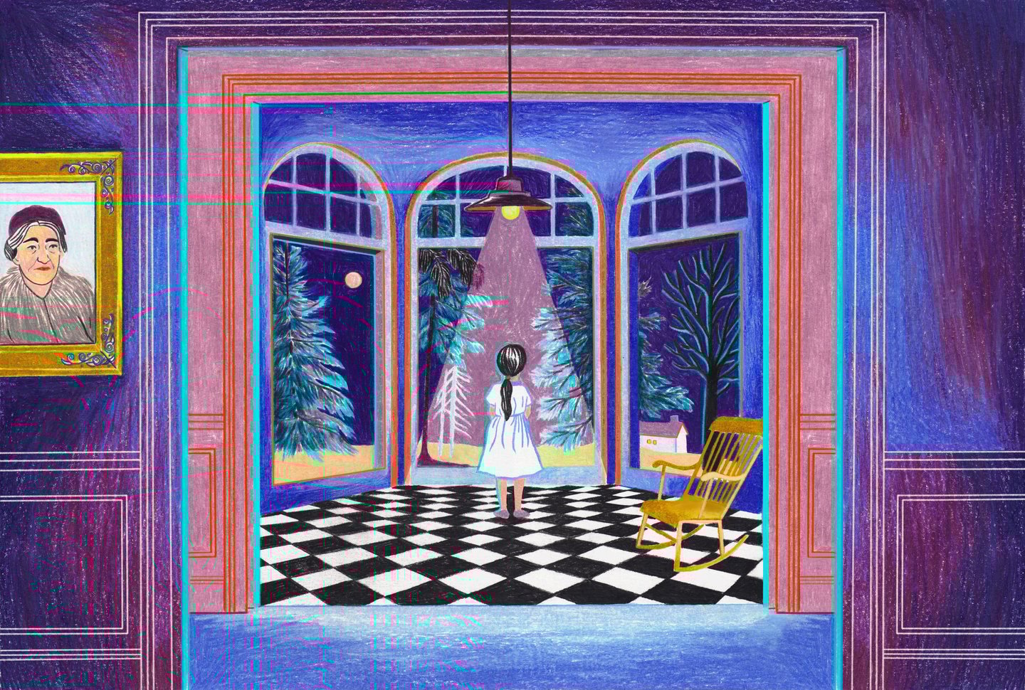 a painting of a woman in a chair in a room