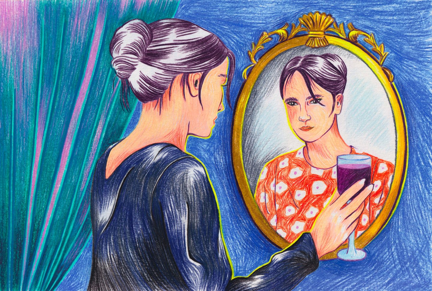 a woman is looking at herself in the mirror