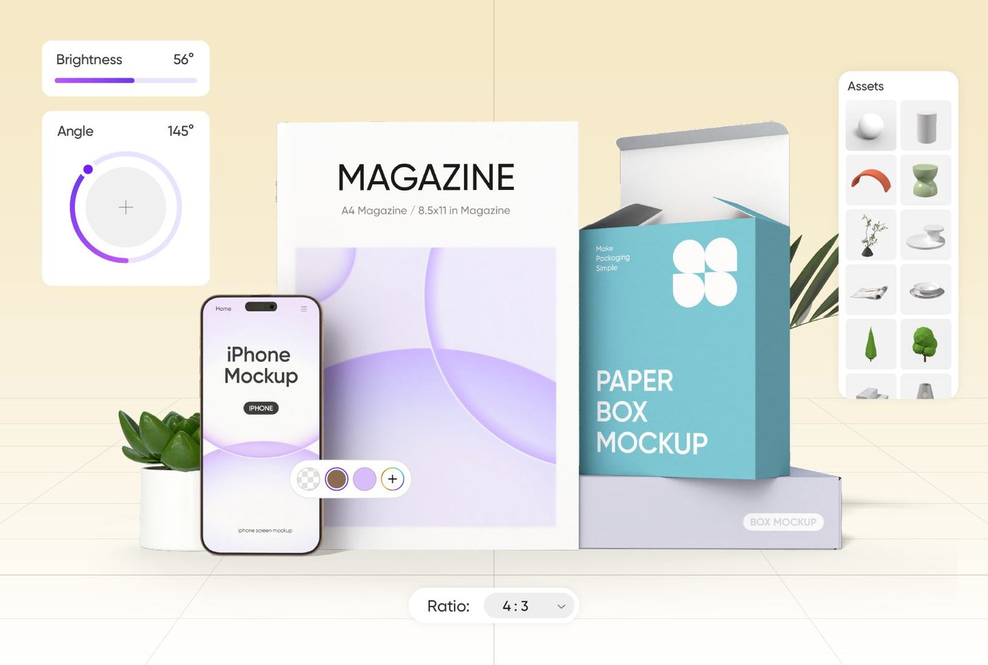 Branding and packaging mockup scene featuring magazine, smartphone, and paper boxes, showcasing customizable design tools.