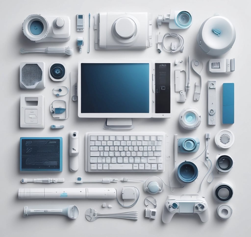 A neatly arranged set of gadgets including a black smartwatch displaying the time, a smartphone with a colorful abstract wallpaper, and a laptop with part of the keyboard visible. The devices are placed on a light surface, emphasizing their sleek design and modern technology.