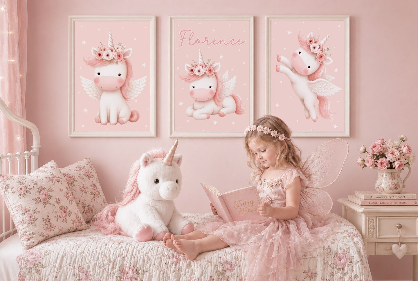 Girls personalised unicorn nursery prints in a blush pink French country nursery by Bunting & Beau