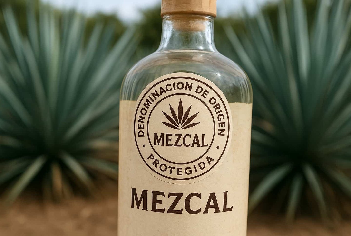 Sello de certificación oficial en una botella de mezcal artesanal sobre fondo de agave