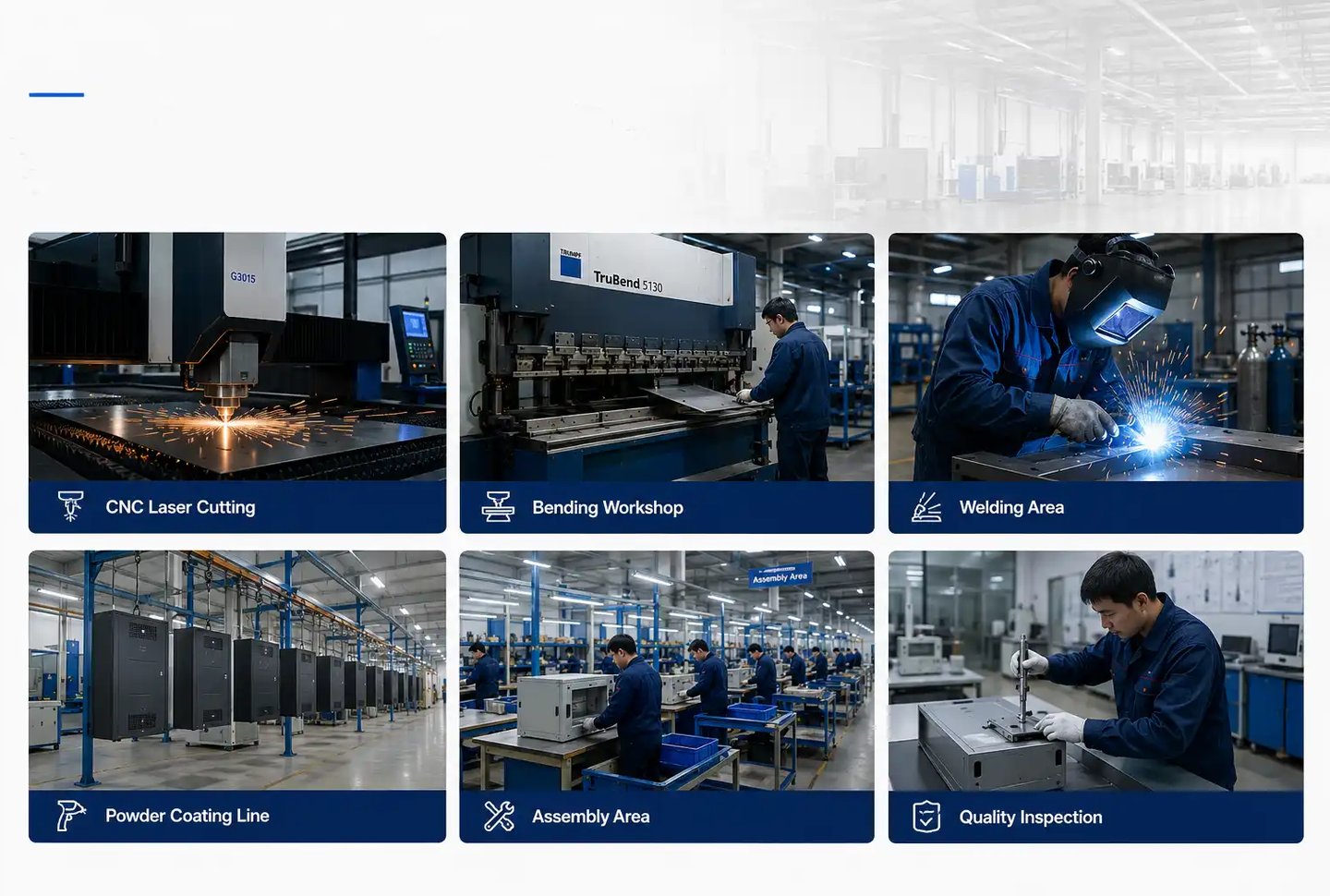 Metal fabrication stages including CNC laser cutting, bending, welding, powder coating, and assembly.