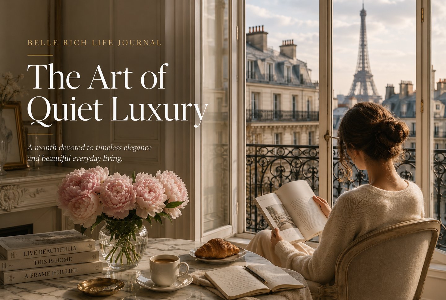 A woman reads a book by a Paris window overlooking the Eiffel Tower, embodying the quiet luxury aesthetic.