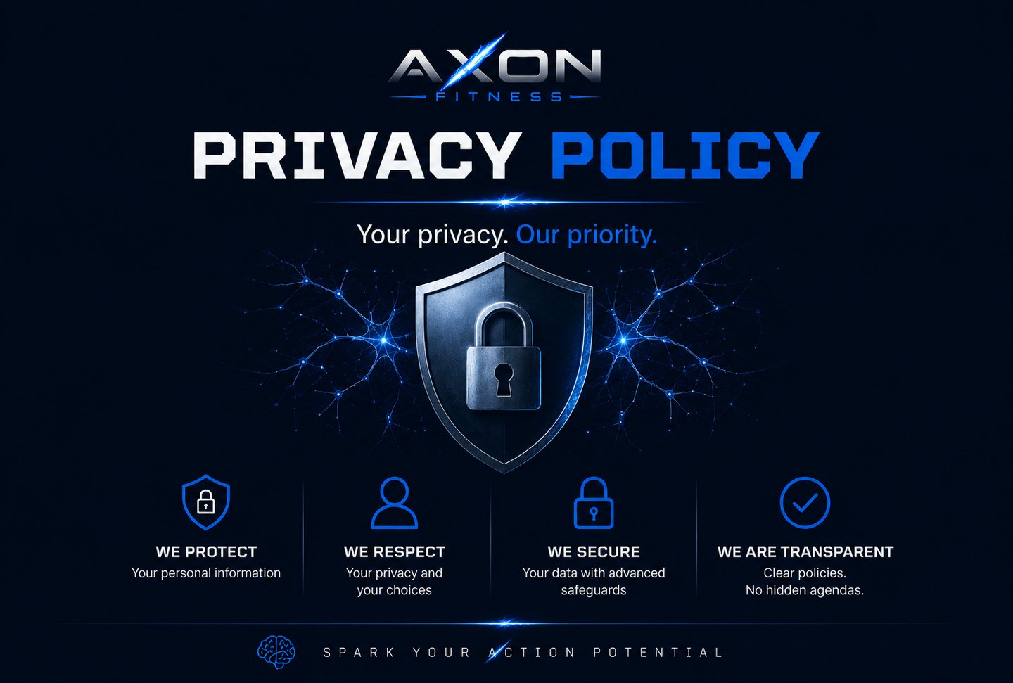 Axon Fitness privacy policy graphic with shield, padlock, and blue neural network background."