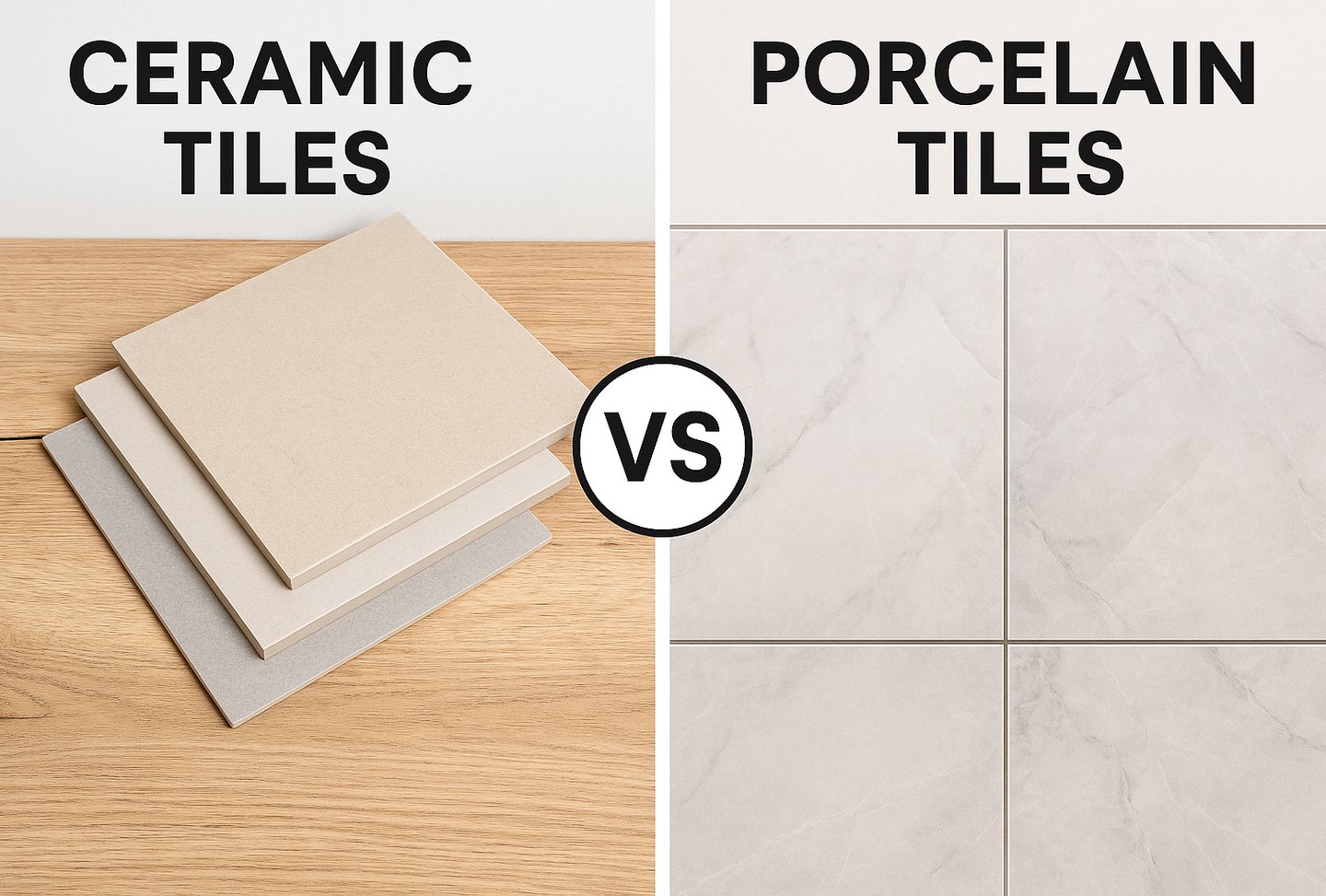 Side-by-side comparison of ceramic and porcelain tiles in a showroom setup at Gulf Ceramics Sharjah.