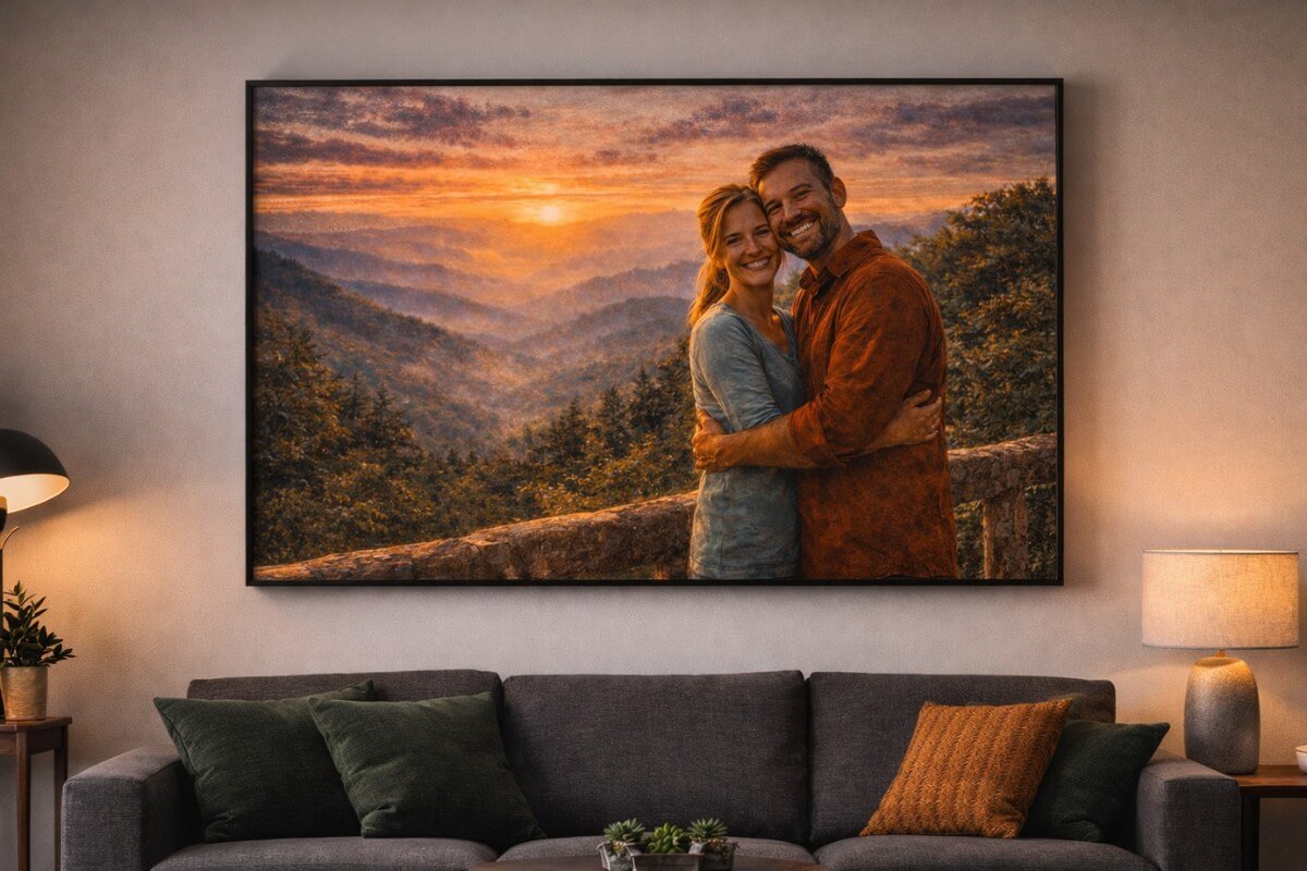 smoky mountains canvas from photo above sofa, couple portrait turned into sunset wall art