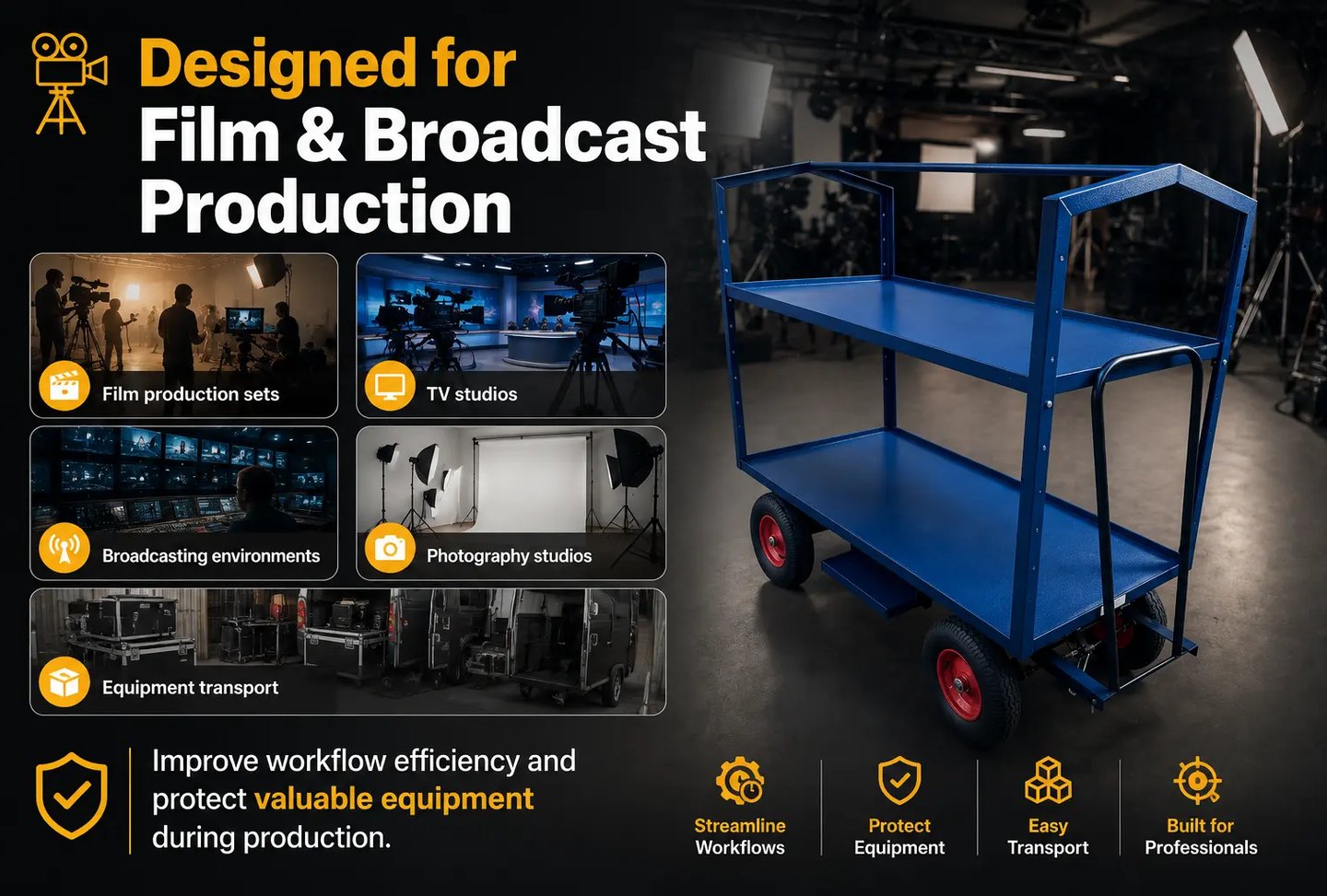 Heavy-duty blue production cart for film sets and TV studios to transport valuable equipment.