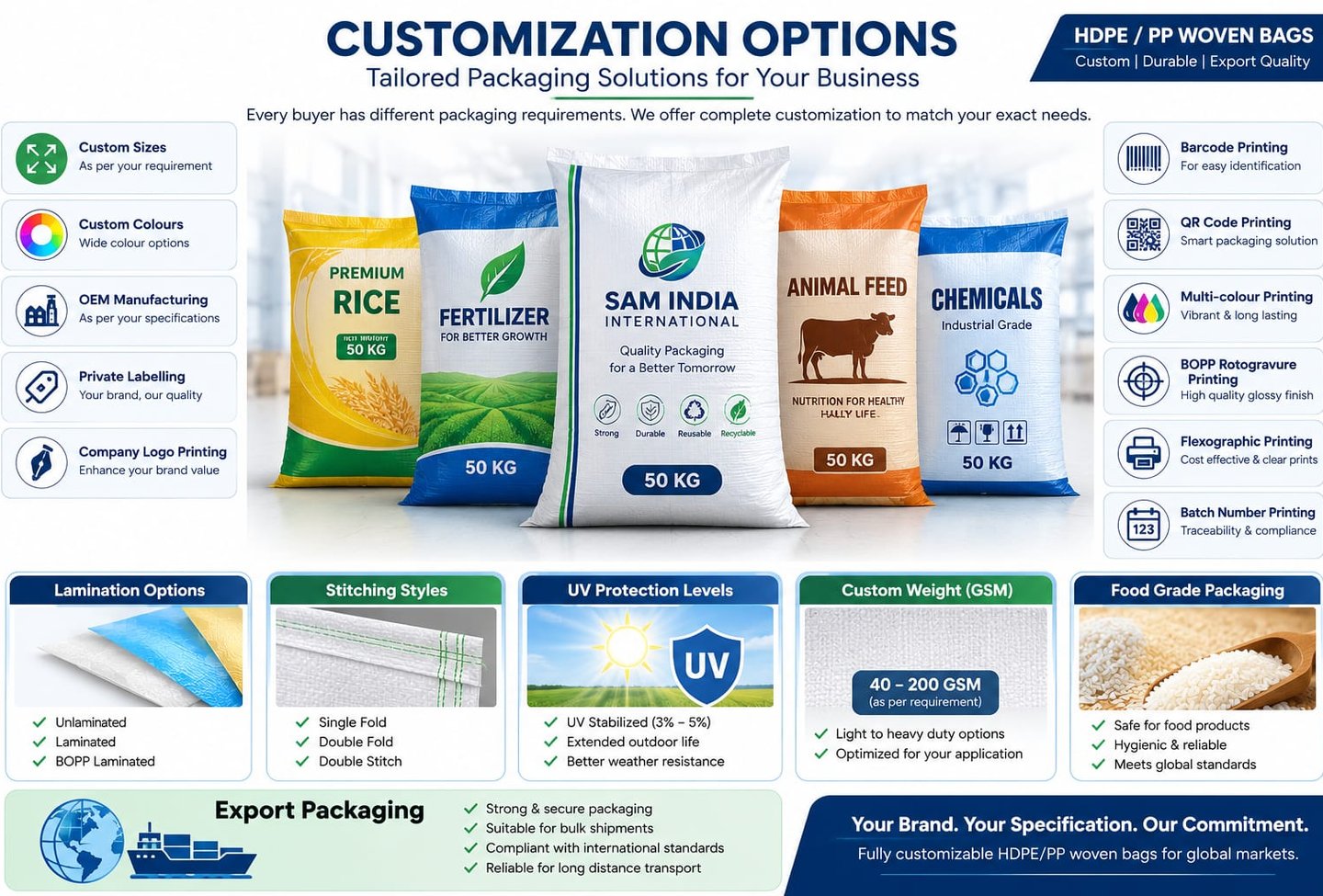 Customizable HDPE and PP woven bags for rice, fertilizer, animal feed, and chemical packaging solutions.
