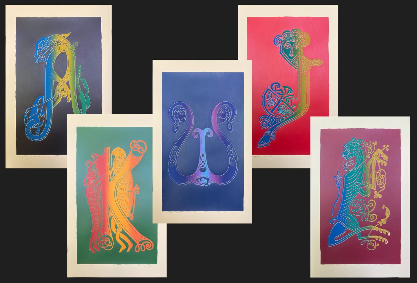 selection of irish celtic letter silkscreen prints in different colours