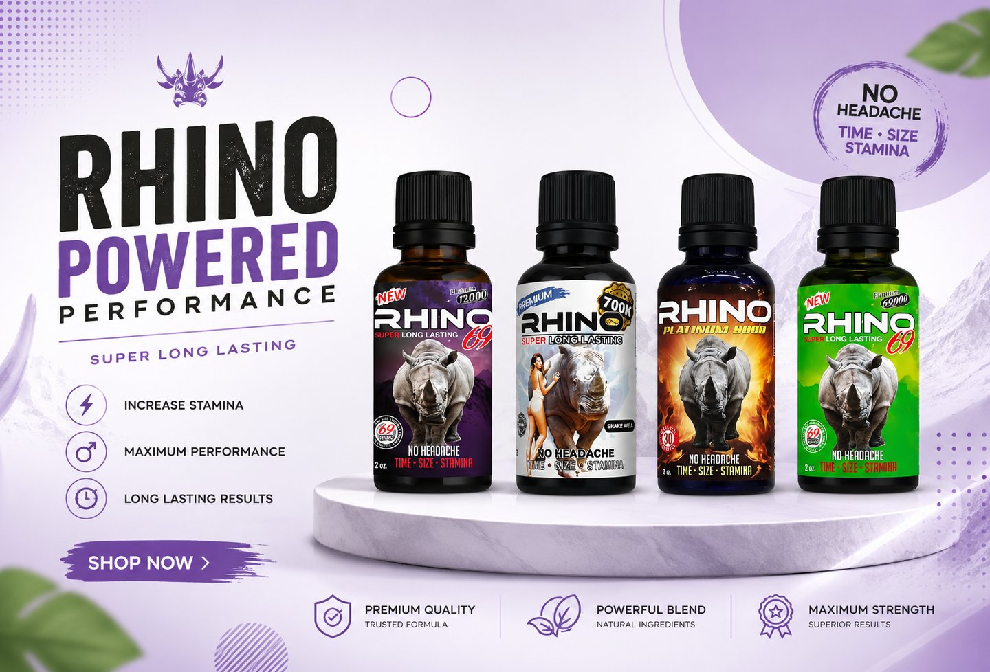 Rhino Powered performance male enhancement liquid shots in various formulas for stamina and energy.