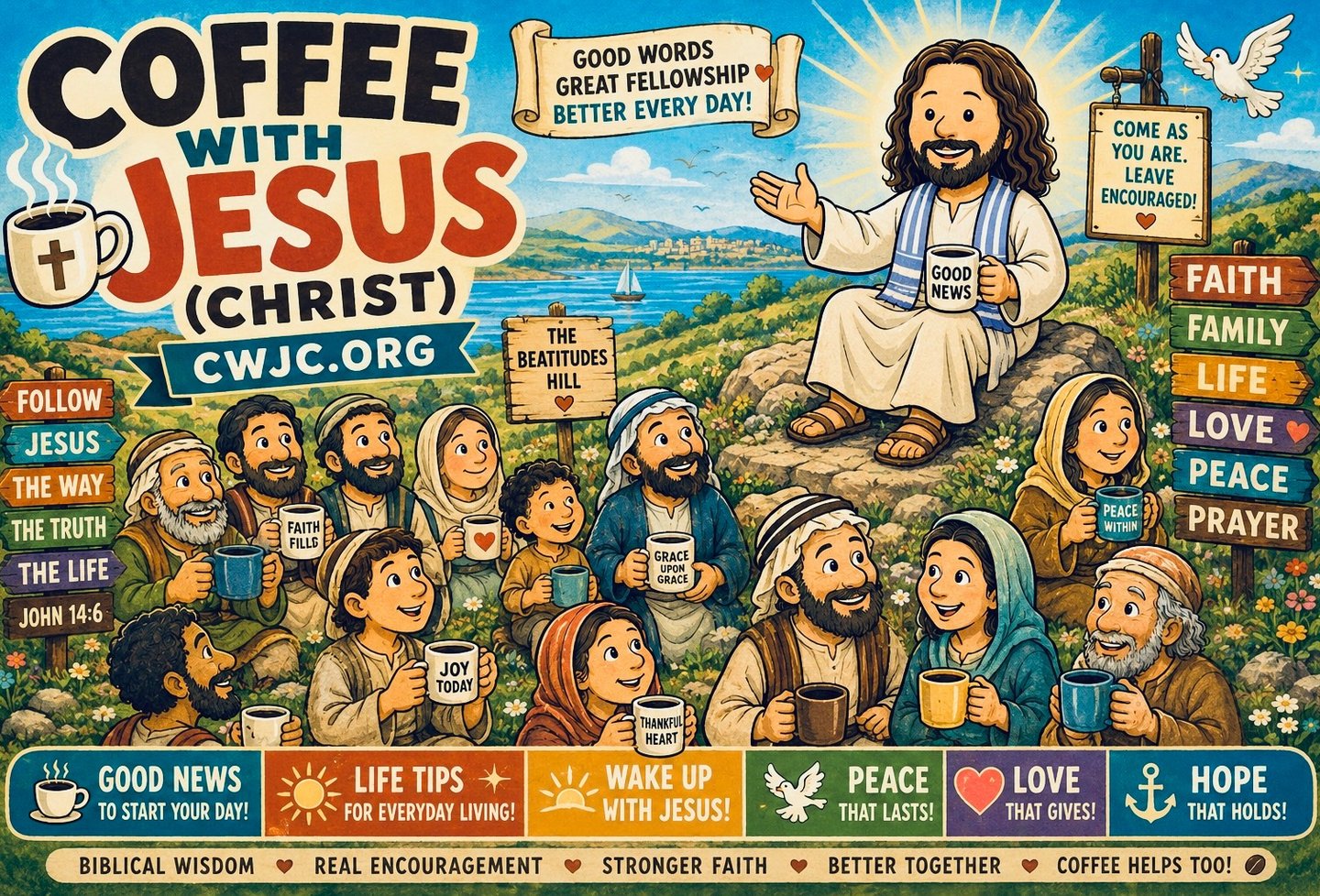 Cartoon illustration of Jesus with lots of friends, sipping java and talking about life.