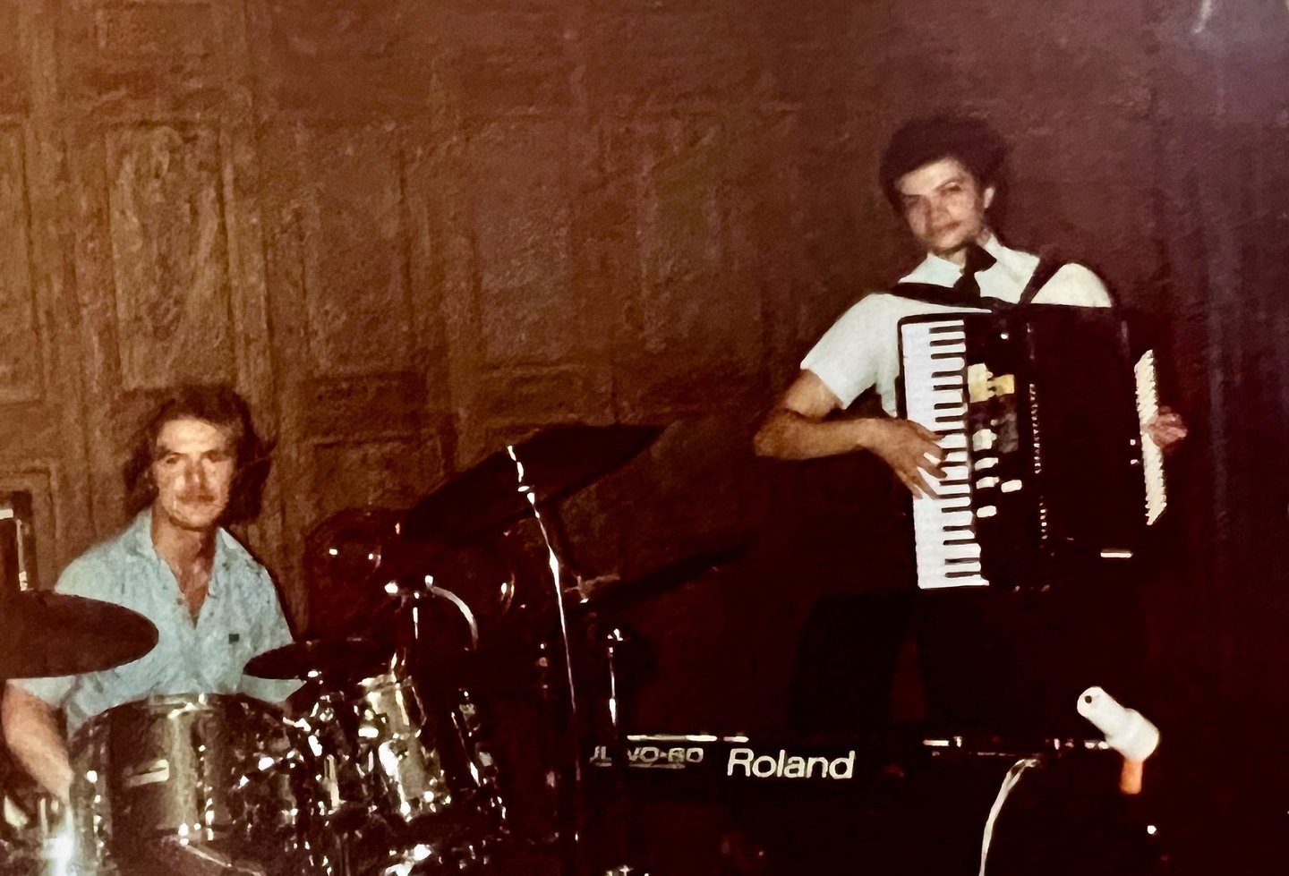 Jon Yon playing electronic accordion & synthesizer with drummer Trevor Thorton (Lion sleeps tonight)