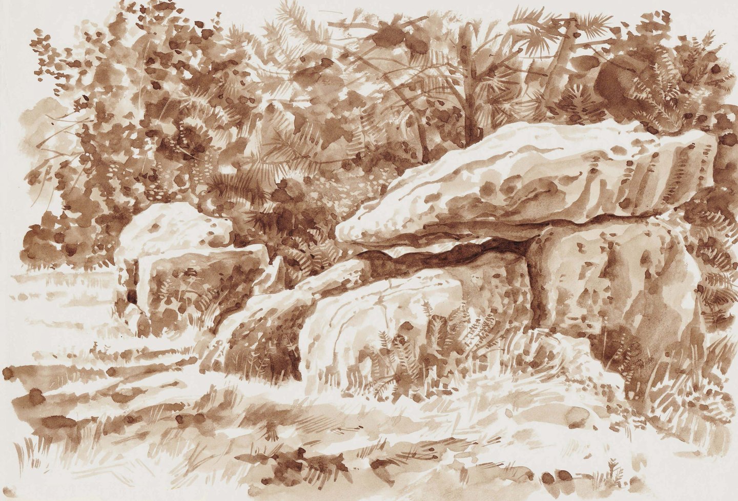 Dessin de paysage au lavis de brou de noix représentant des rochers en Bretagne