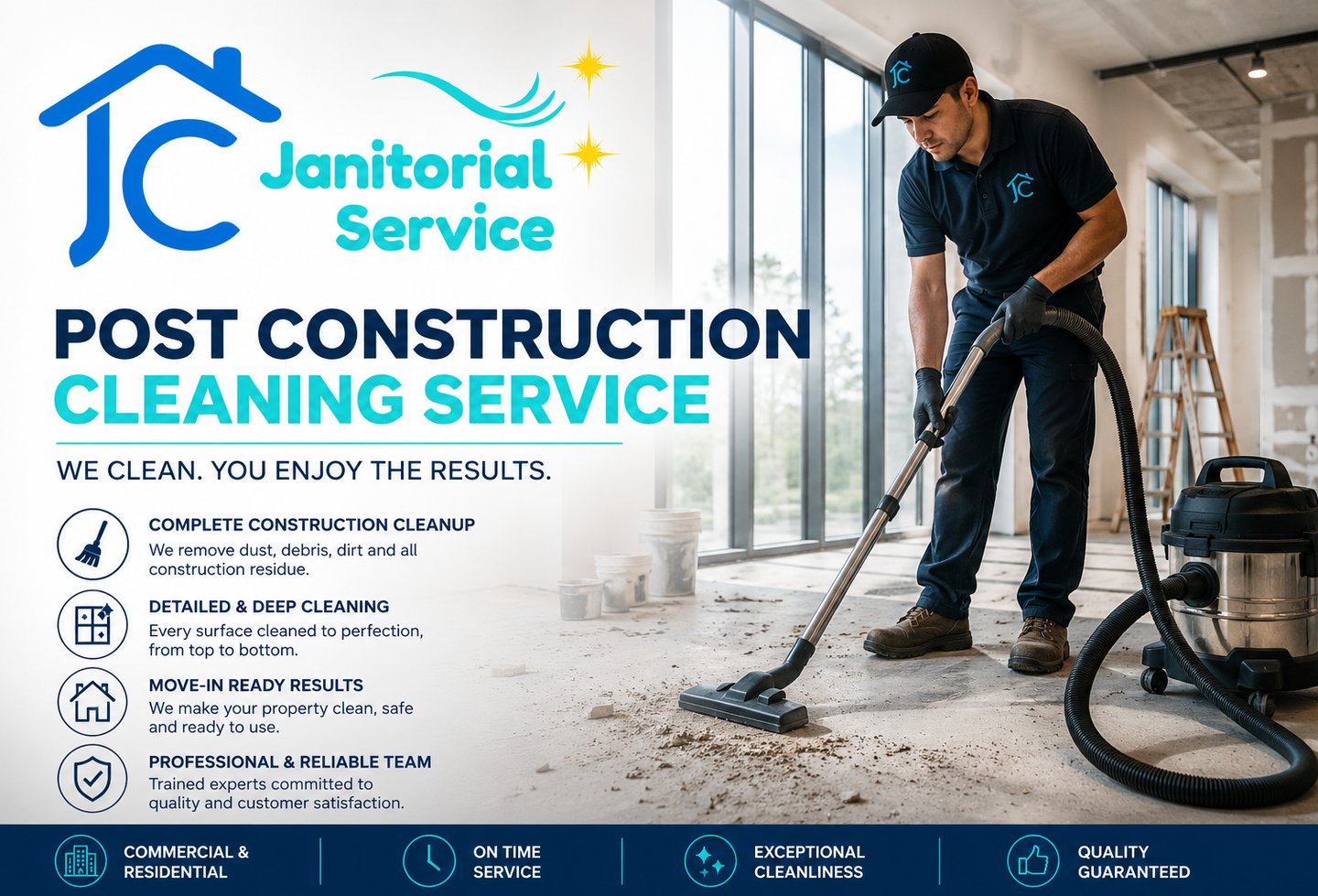 Professional post-construction cleaning service specialist vacuuming dust in a commercial building.
