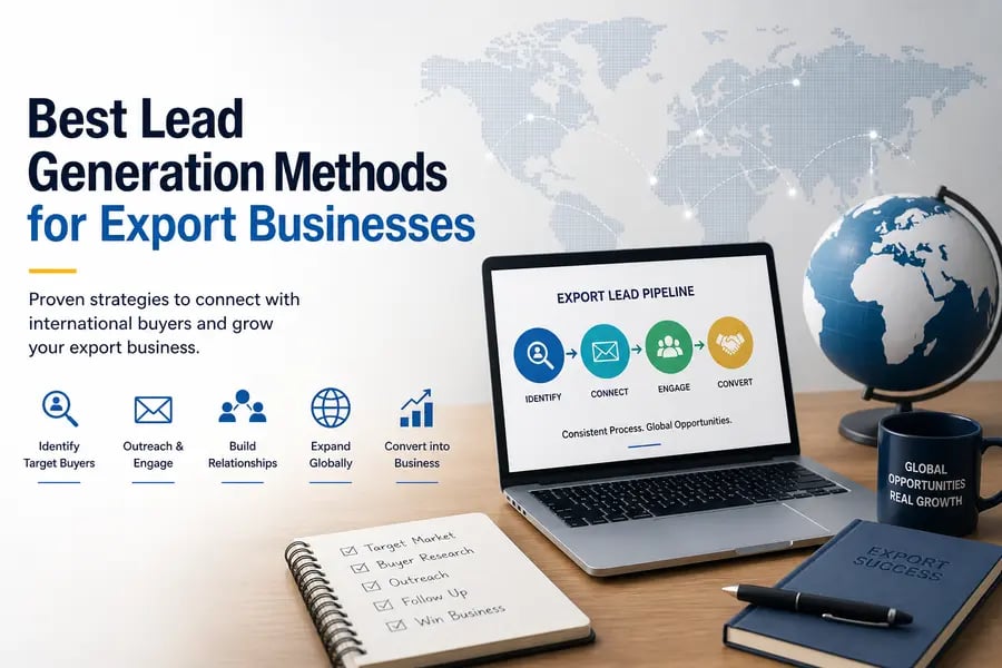 Lead generation strategy for export businesses showing global outreach and buyer connection process