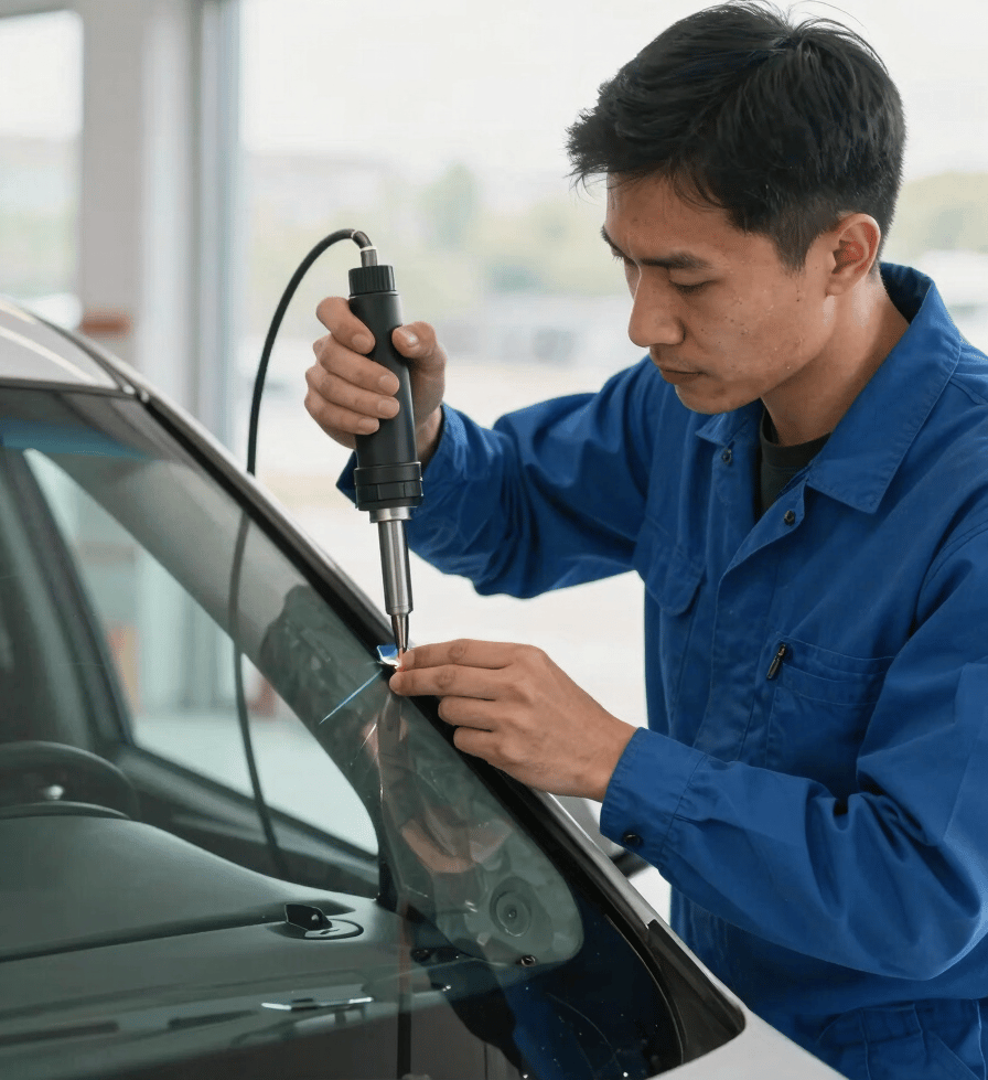 A professional North American technician wearing a clean blue uniform, working on a vehicle windshield in a bright, modern setting. The technician is using a specialized precision tool for repair, illuminated by natural morning light, conveying a sense of innovation and expert craftsmanship.