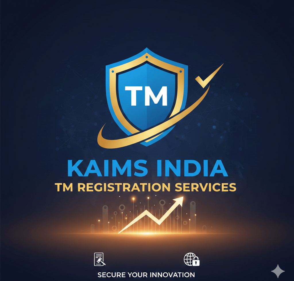 Kaims India trademark registration services logo with a protective shield and growth chart for brand security.
