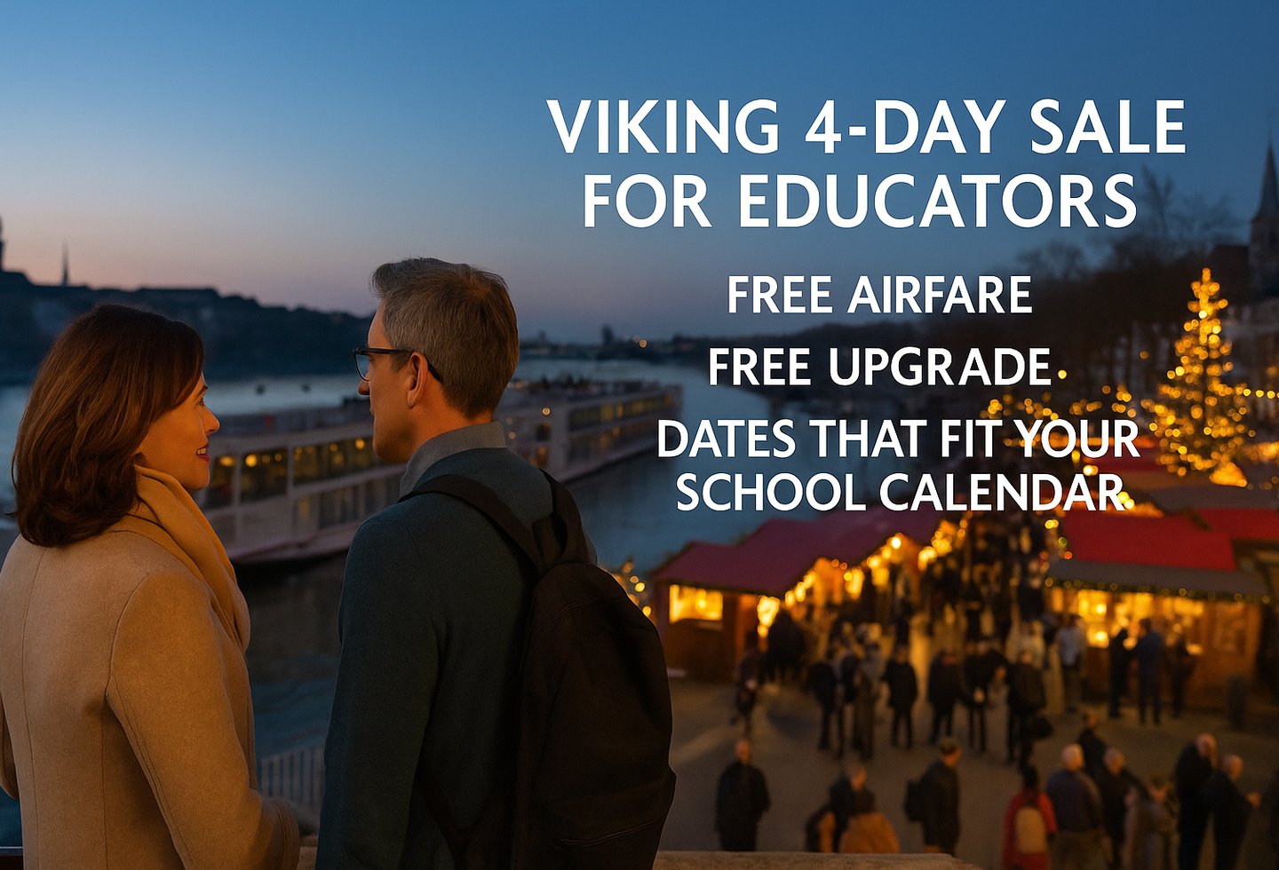 Teachers at a European riverfront with Viking ship at dusk