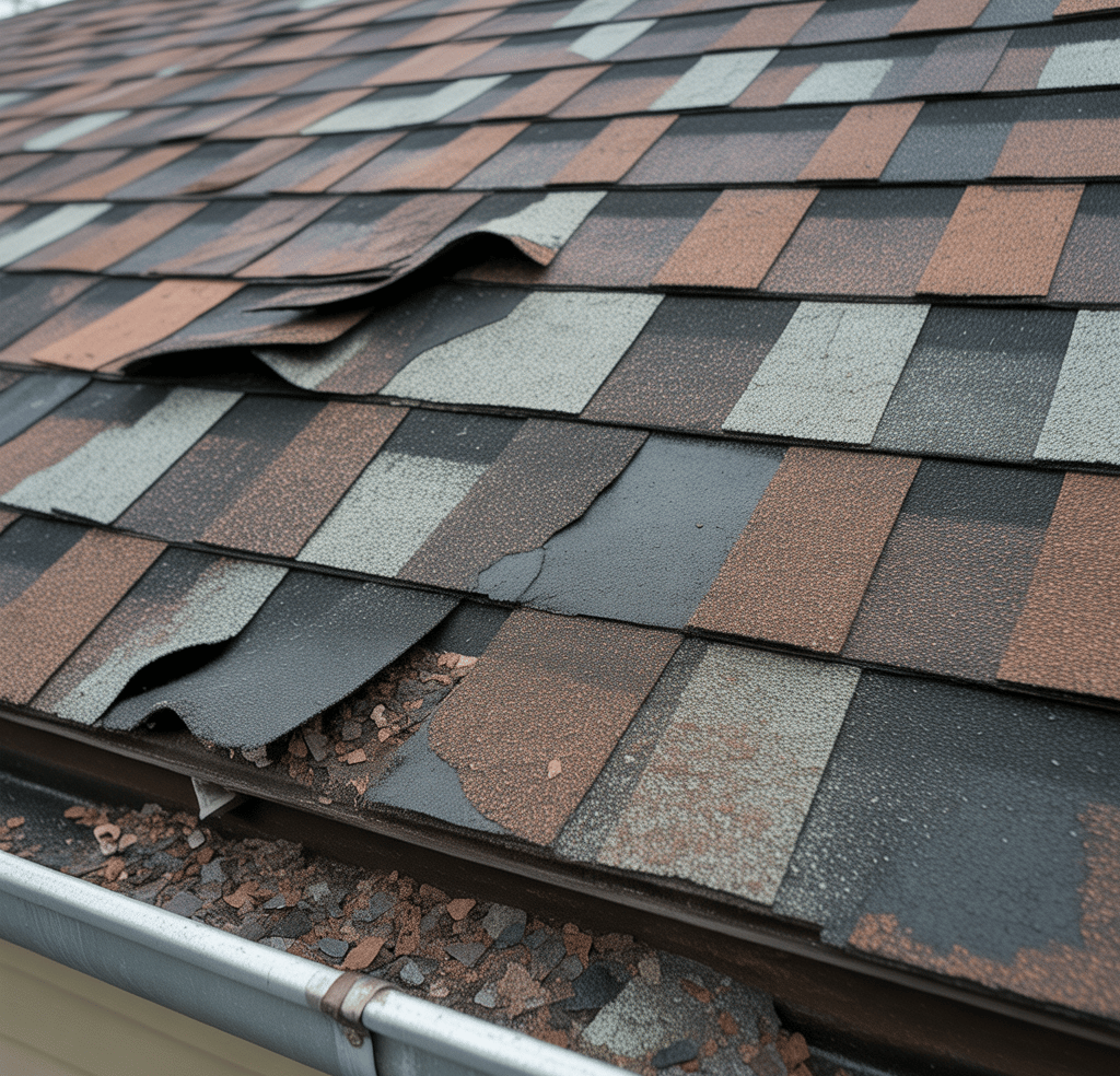 Damaged asphalt roof shingles showing signs of aging and weather exposure.