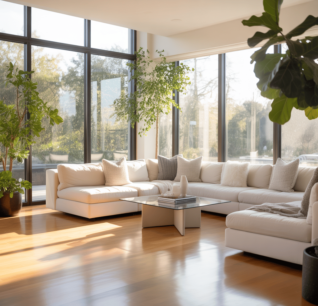 Bright living room with newly installed energy-efficient windows improving comfort and natural light