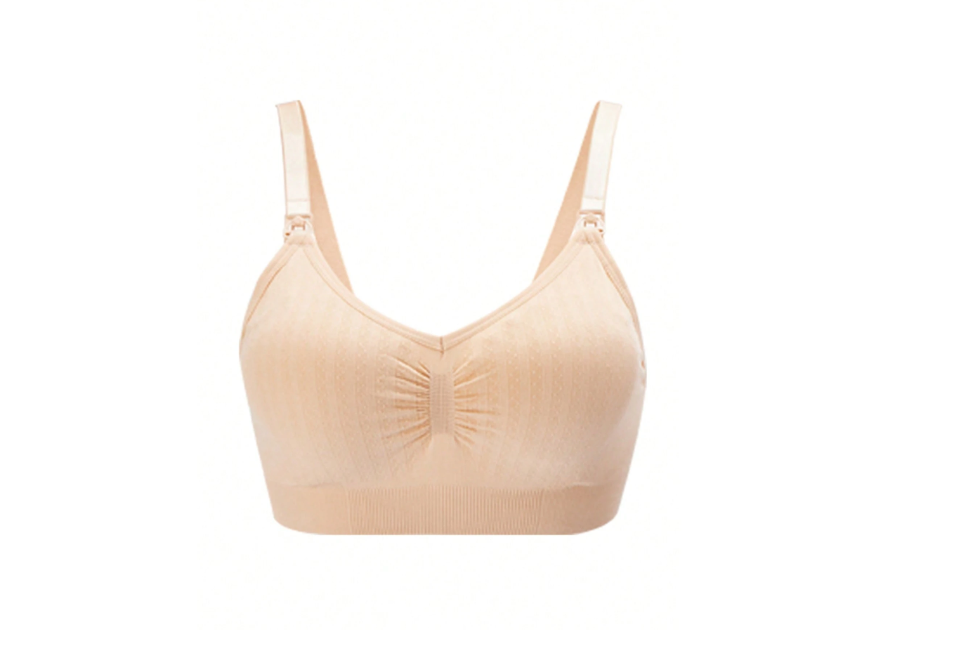 Beige maternity ruched nursing bra with soft stretch fabric.
