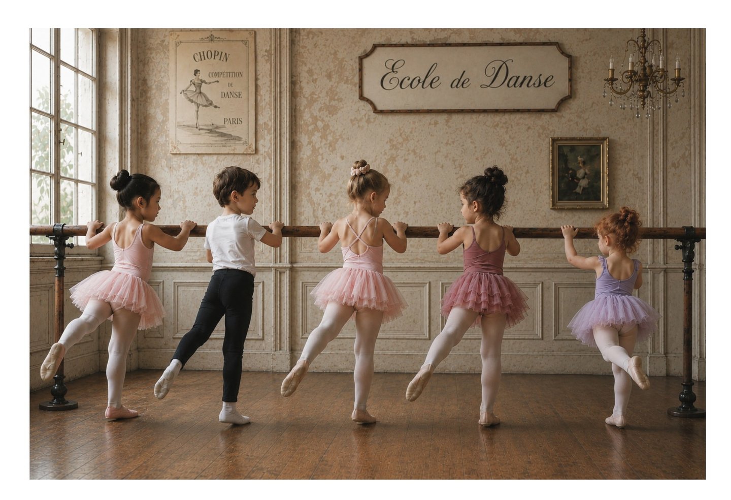 Little ballerinas at the barre in a vintage ballet studio, celebrating childhood dreams, imagination & the joy of dance