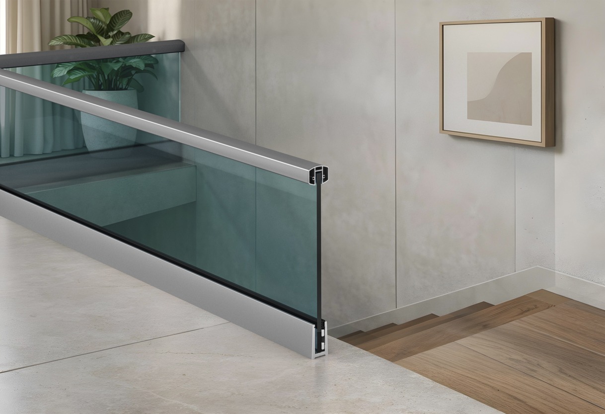 Fly Metals Modern glass railing with aluminum handrail and base shoe for interior staircase.