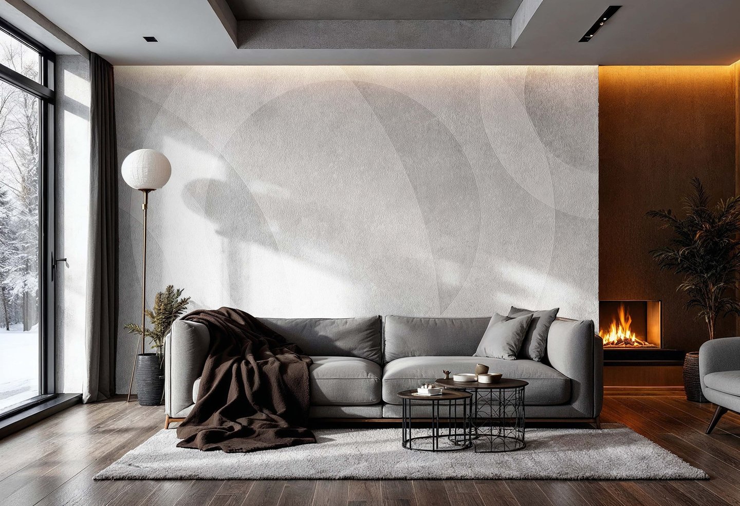 Soft Shade Circles full room view showing textured wall print created with Dimense Suede and Silver