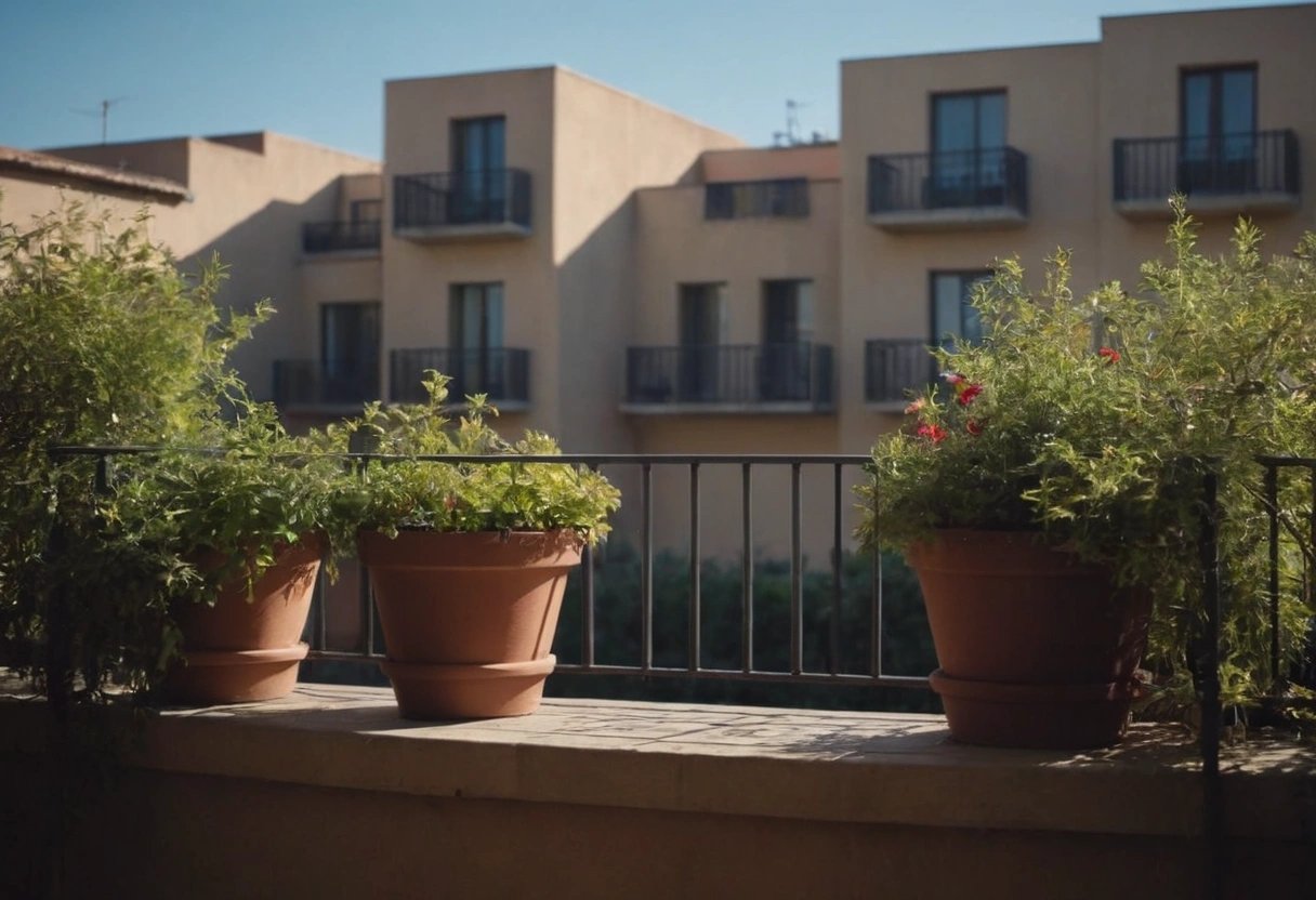 pots en terre cuite garnis de plantes vertes sur le rebord d’un balcon à l'ombre