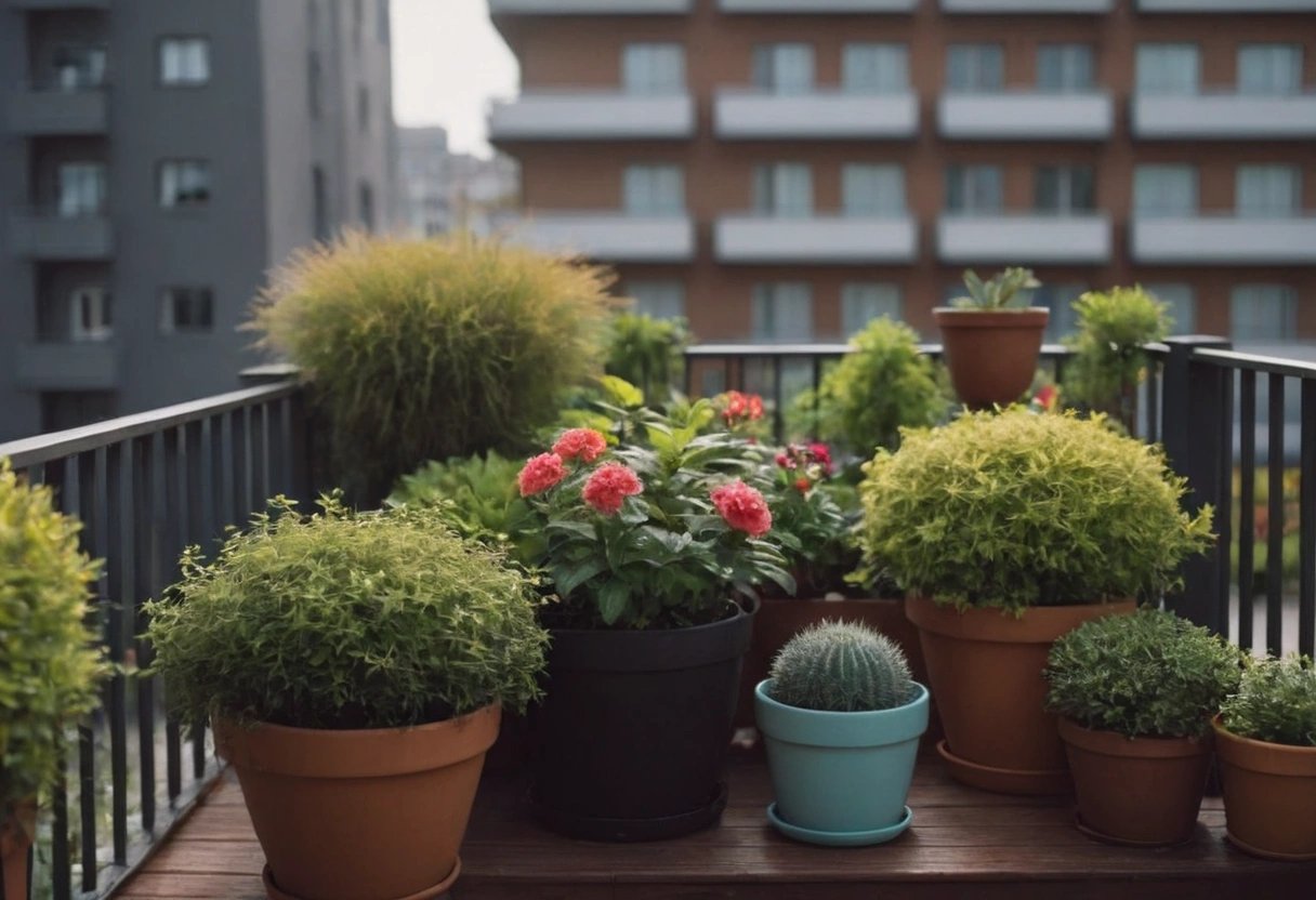 Petit balcon urbain décoré avec de nombreuses plantes en pots, , idéal pour un jardin de balcon