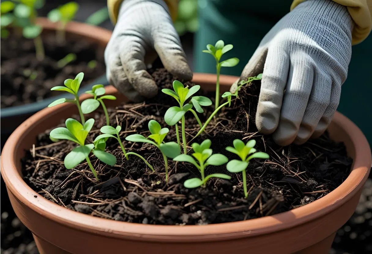 Mains gantées en train d’appliquer du paillage organique autour de jeunes plants dans un pot