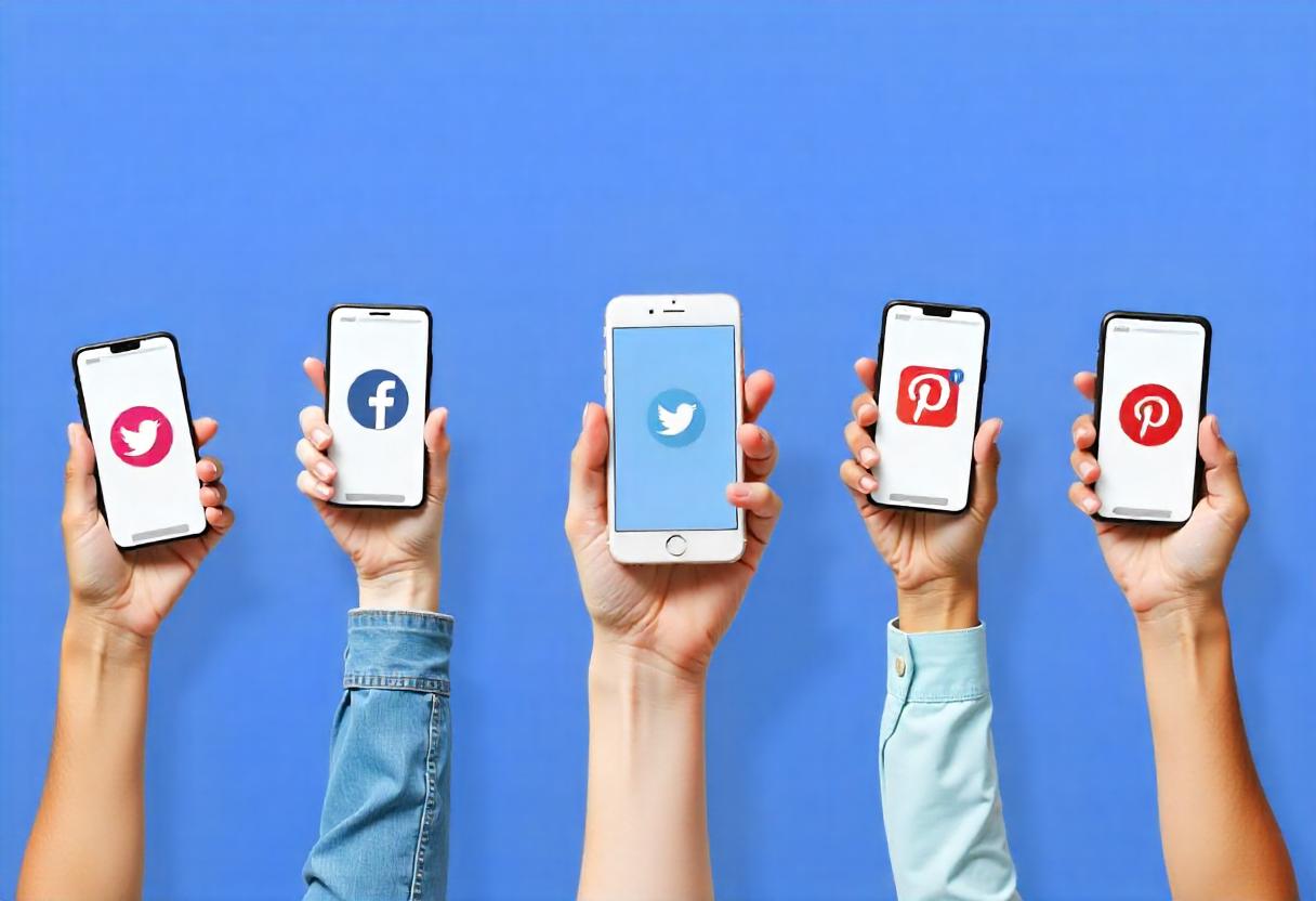 a group of people holding up their phones with social media