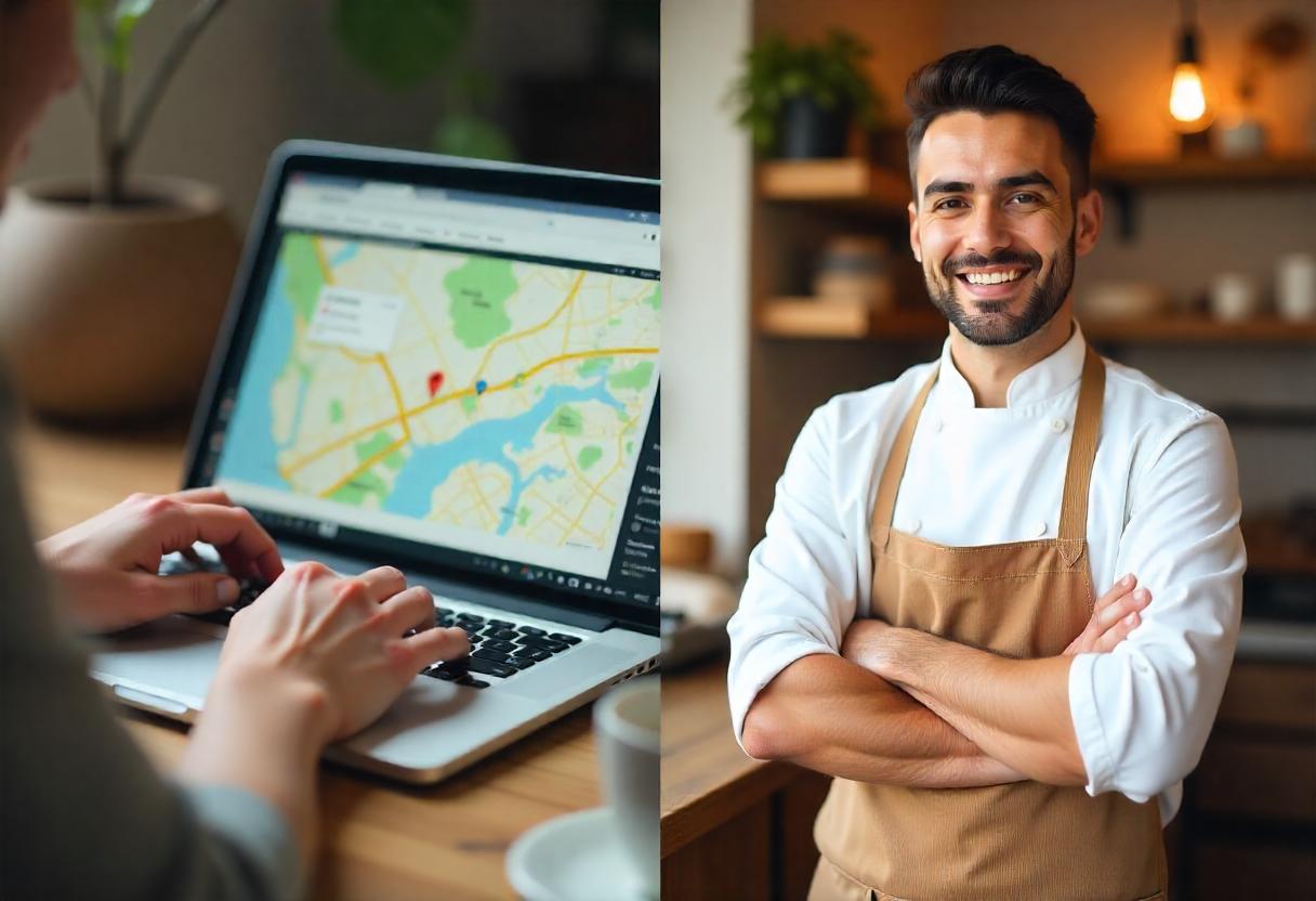 Split Screen, right a hand working, right a man standing smiling