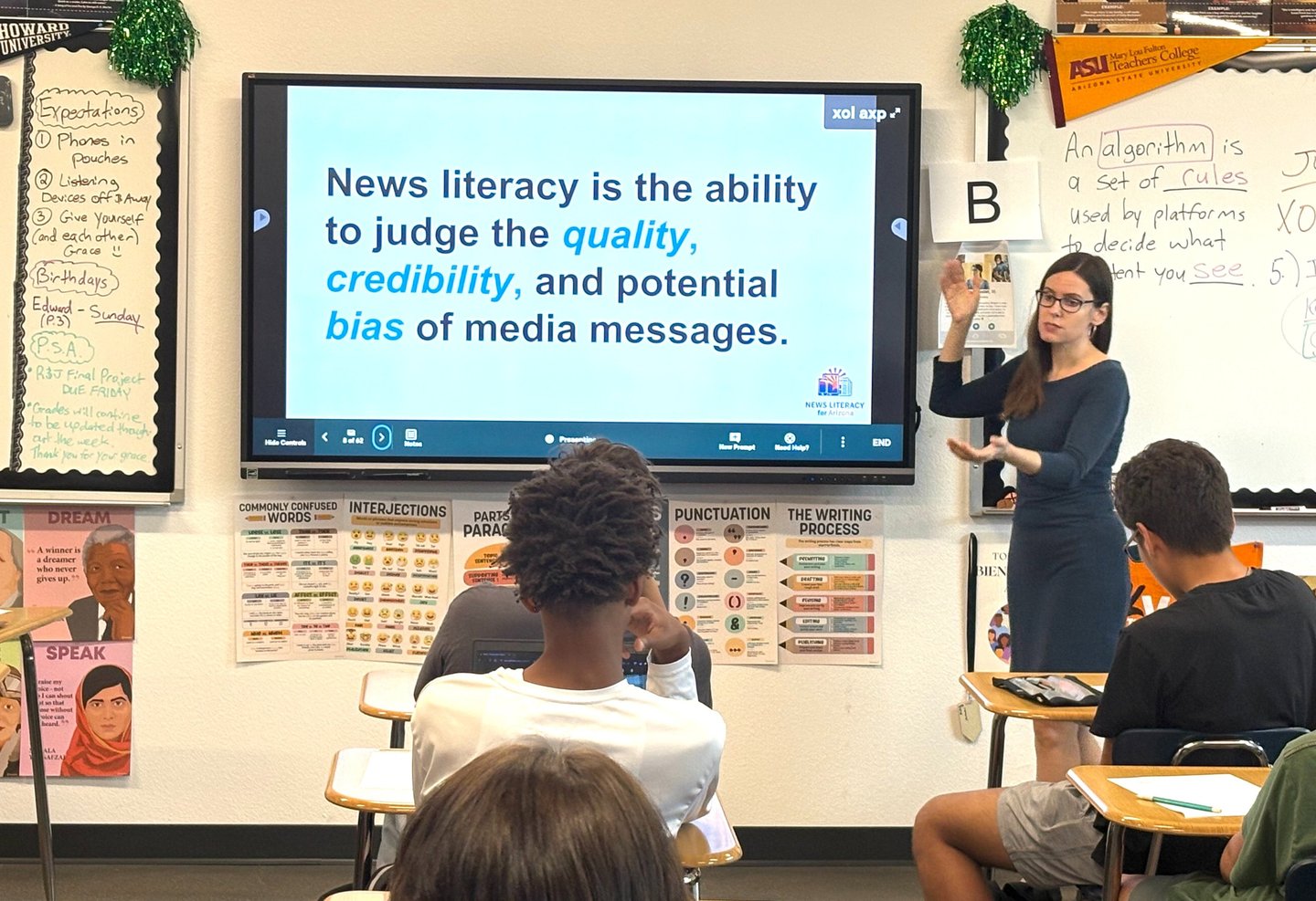 Michelle Beaver teaches a News Literacy for Arizona workshop at Sunnyslope High School, in Phoenix.