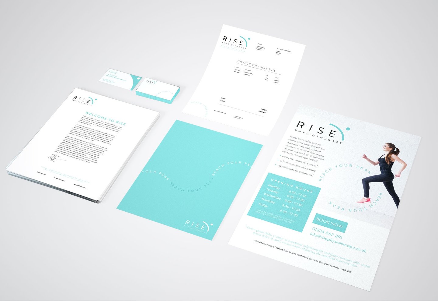 A set of stationary for Rise Physiotherapy Clinic's new branding