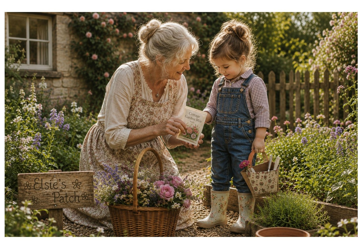 Grandma giving her little granddaughter a packet of flower seeds in her own cottage garden, inspiring a love of gardening