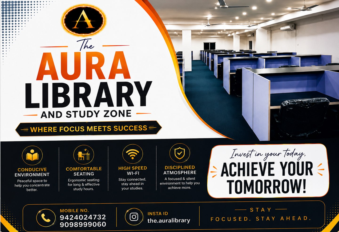 The Aura Library & Study Zone provides a peaceful and distraction-free study environment in Bairagar