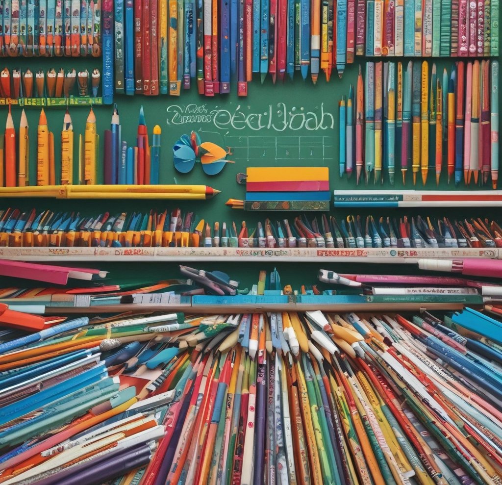 The image contains two children's backpacks with cartoon sheep designs, surrounded by various school supplies. The supplies include notebooks, scissors, a ruler, highlighters, an eraser, and colored markers. The backpacks have pink and red tones with decorative elements.
