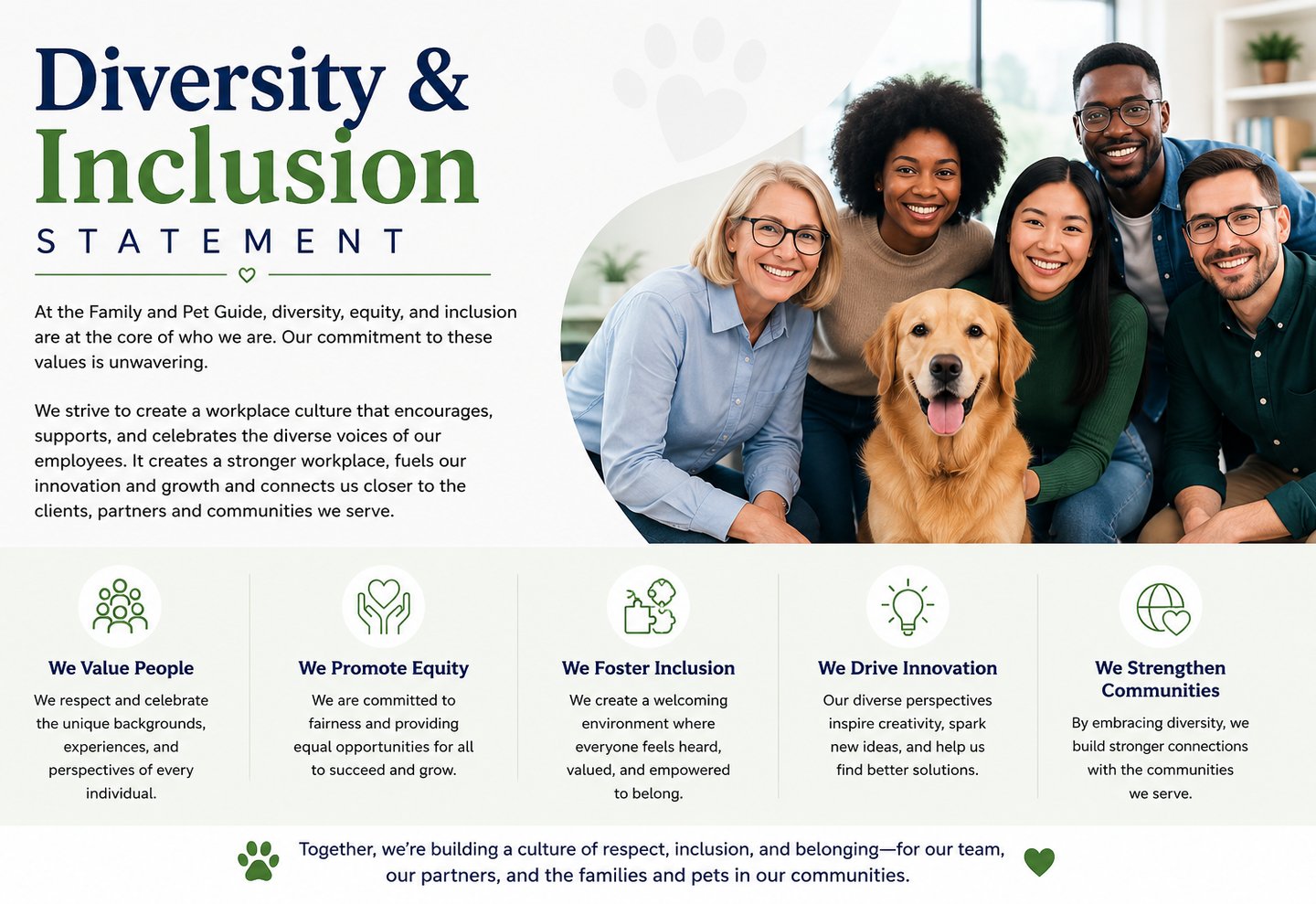 Diverse team of smiling professionals and a golden retriever pet illustrating a diversity and inclusion statement.
