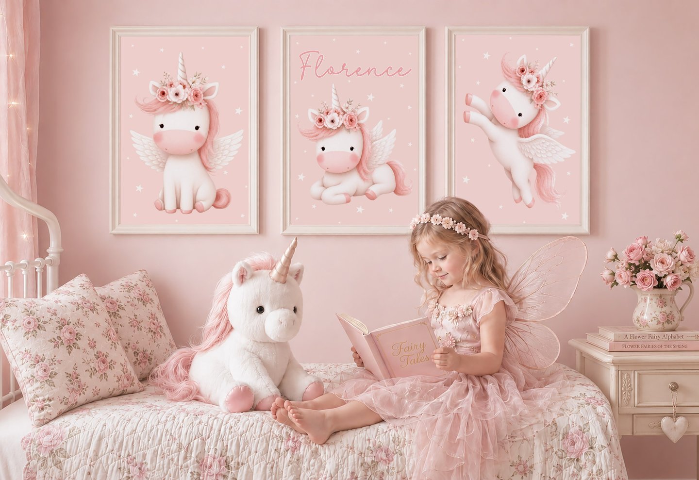 little girl reading with unicorn in pink bedroom with personalised unicorn prints by Bunting & Beau