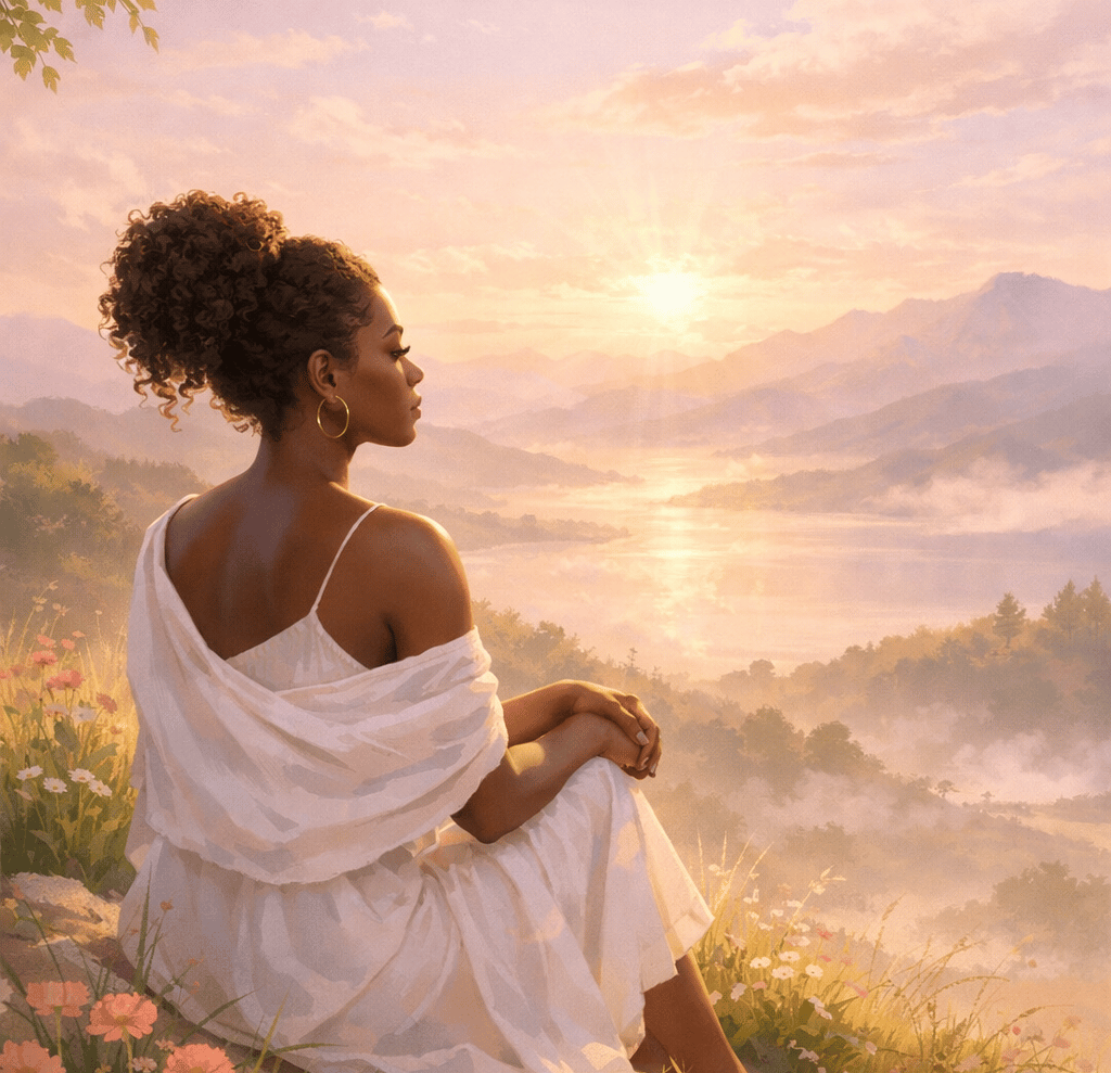 Une femme assise sur un rocher avec un coucher de soleil en arrière-plan.