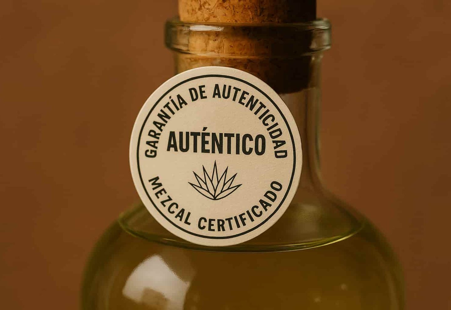 Sello de garantía de autenticidad sobre una botella de mezcal artesanal
