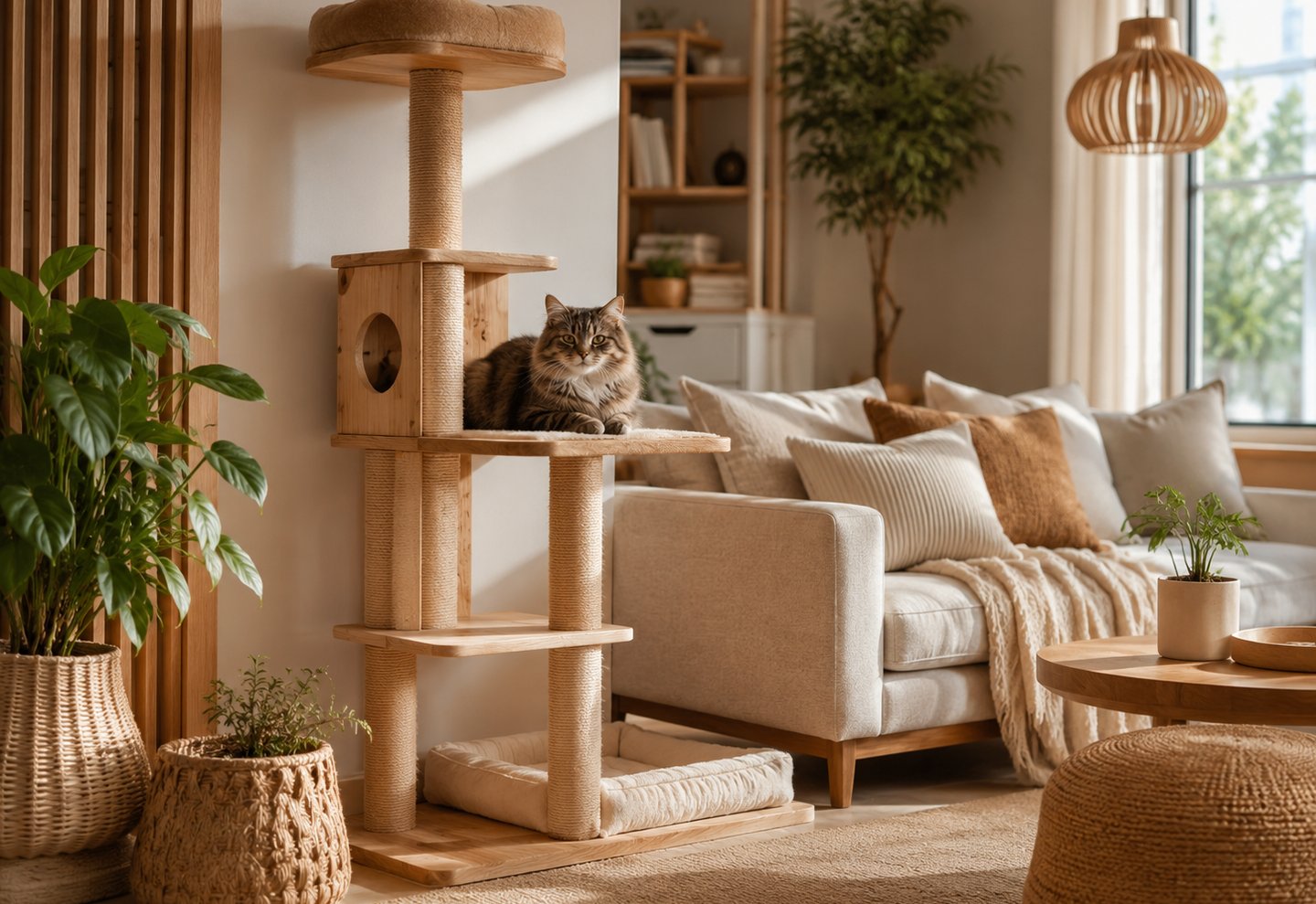 Modern cozy pet corner with a wooden cat tree, sisal scratching posts, soft cushions, indoor plants 